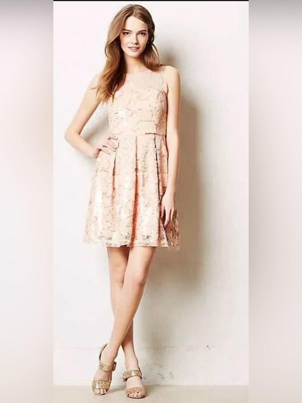 EvaFranco by Anthropologie Sleeveless Lace Fit-and-Flare Dress in Blush Pink